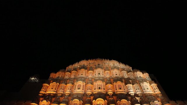Hawa Mahal time lapse on a sunny day, Jaipur, Rajasthan. Beautiful window architectural element Majestic Hawa Mahal at Sunset A Captivating Historical Architectural Wonder, Jaipur