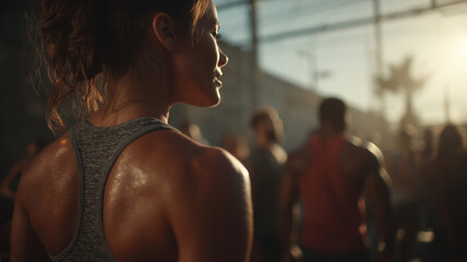 Inspiring group workout at golden hour creating motivation and energy