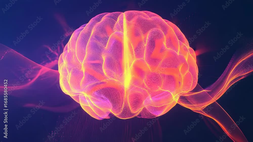 Poster artificial intelligence, glowing brain illustrating neural network and data processing