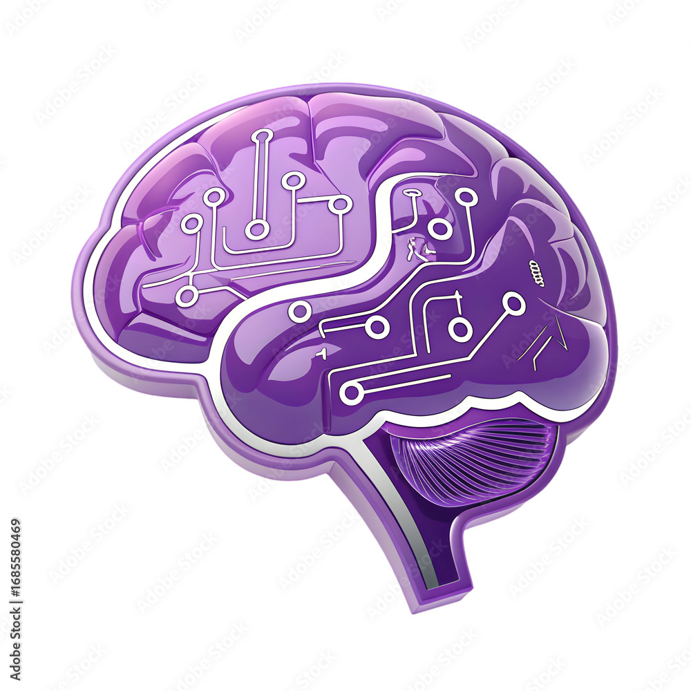Poster purple circuit brain with white lines isolated on a transparent background technology