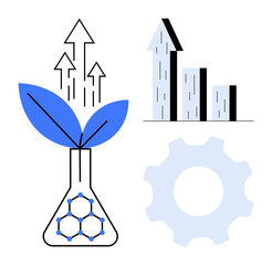 Plant inside a flask with upward arrows, abstract gear, and growth chart. Ideal for sustainability, innovation, development, biotechnology, green technology, progress simple landing page