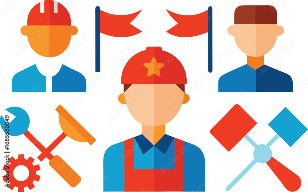 Poster labor day workers tools flags vector illustration icons collection eps scalable