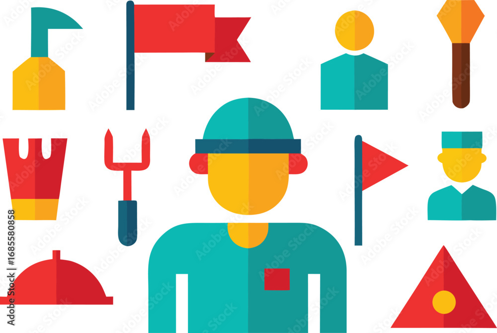 Poster labor day flat design icons collection featuring workers tools flags and symbols for festive graphic