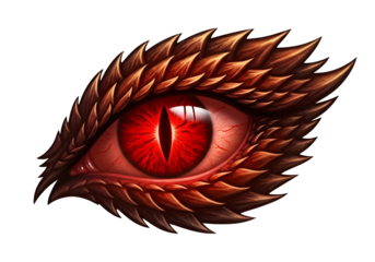 Fierce, detailed eye of a mythical creature, featuring intricate scales and a vibrant red pupil.