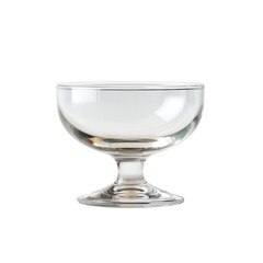 Elegant empty glass cup on a pedestal, perfect for desserts or beverages, isolated on white background.