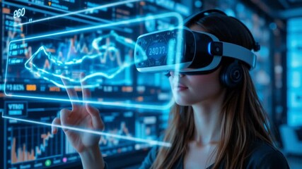 Woman using virtual reality headset for immersive financial data analysis, interacting with futuristic graphical interface. 4k video - Powered by Adobe
