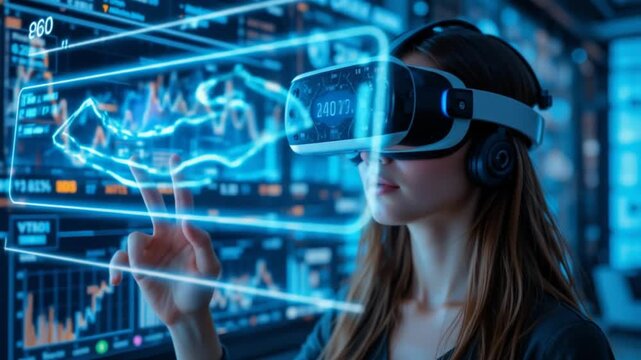 Woman using virtual reality headset for immersive financial data analysis, interacting with futuristic graphical interface. 4k video - Powered by Adobe