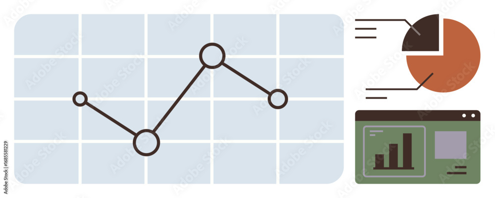 Aufkleber line graph on grid, pie chart with labels, bar graph on screen. ideal for data analysis, business gr