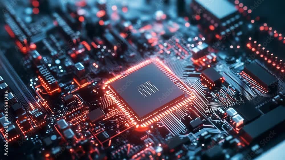 Poster cpu processing data on motherboard with glowing circuits