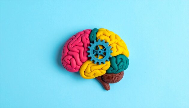 This conceptual image features a stylized brain crafted from colorful modeling clay, segmented into exaggerated lobes using vivid hues—red, yellow, green, orange, and purple. 