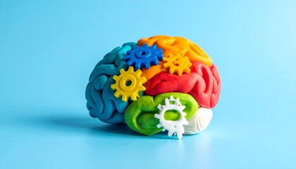 Naklejka premium This conceptual image features a stylized brain crafted from colorful modeling clay, segmented into exaggerated lobes using vivid hues—red, yellow, green, orange, and purple. 