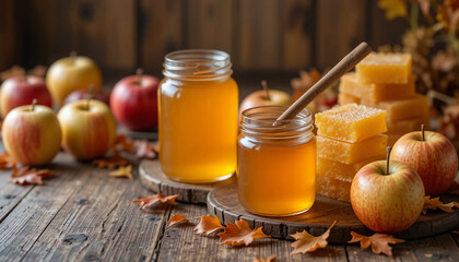 Rustic still life with jars of golden honey, fresh apples, and stacked honeycomb pieces on wooden table decorated with autumn leaves