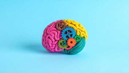This imaginative brain model is sculpted from vibrant clay and embedded with a network of plastic gears to symbolize cognitive engineering and mental systems. 