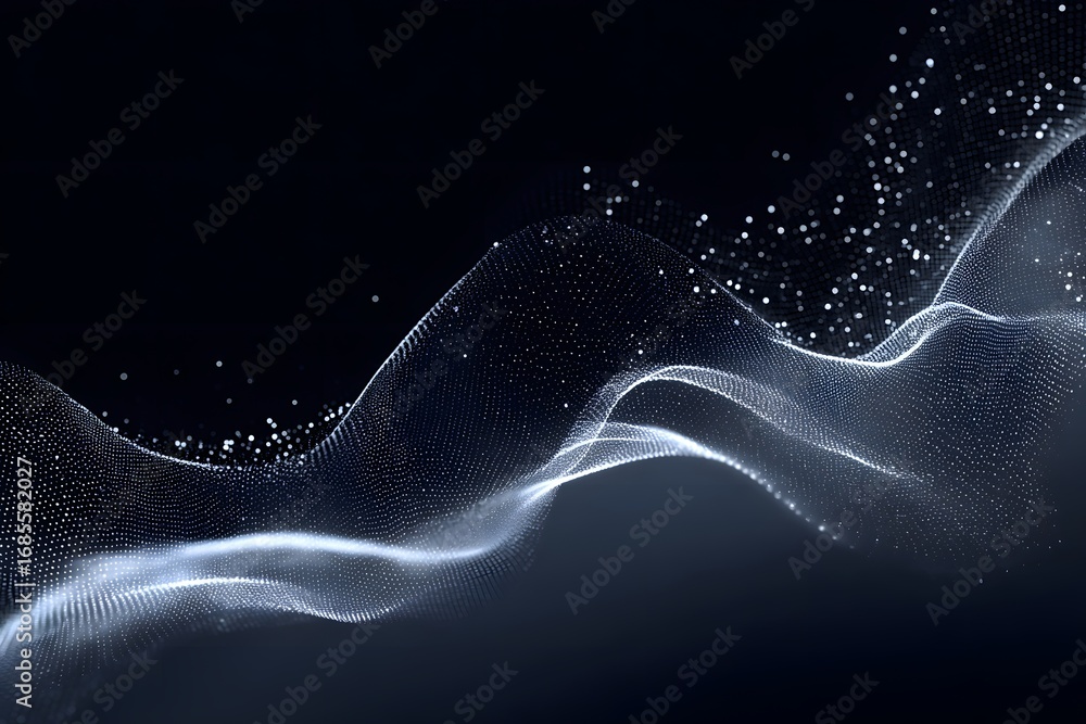 Poster abstract digital background with a wave of dots and lines in a dark blue-green color, suitable for a