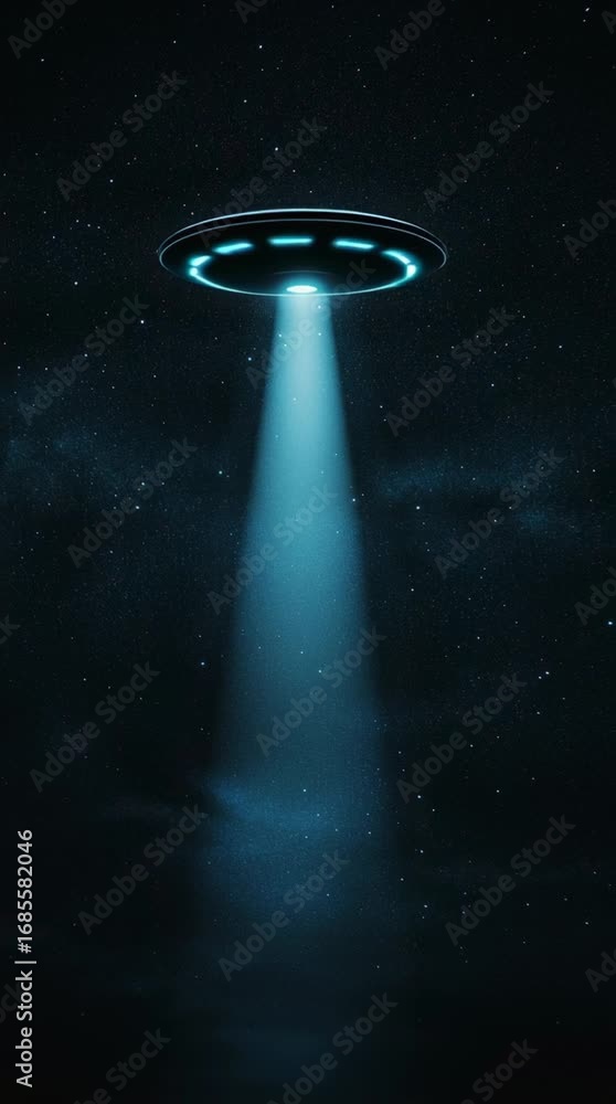 Poster unidentified flying object hovering in the night sky and projecting a bright beam of light