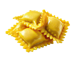 Close-up of four golden-yellow pasta parcels