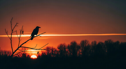 Silhouette of a bird on a branch during sunset time