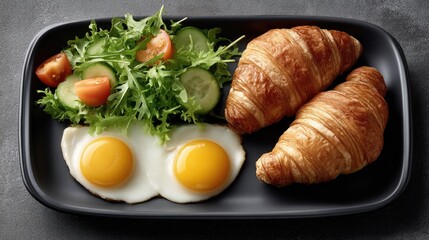 Freshly prepared breakfast with sunny-side-up eggs, flaky croissants, and vibrant green vegetables on a textured surface