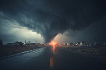 Storm clouds gather ominously over a deserted street at dusk