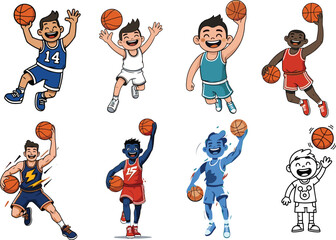 PrintCartoon vector of diverse happy kids playing basketball in different poses, colorful sports uniform, jumping, dribbling, dunking, and smiling characters.