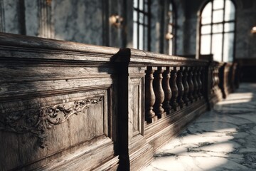 Naklejka premium Elegant Courtroom Balcony With Wooden Railings and Marble Details Under Soft Sunlight Generative AI