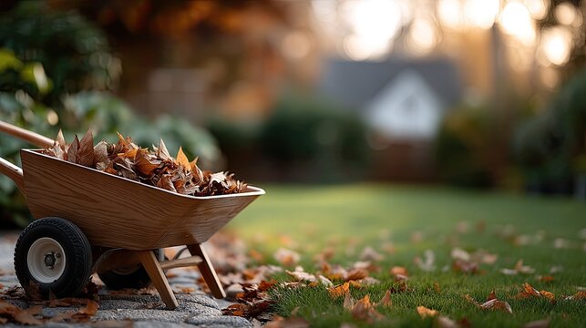 A wheelbarrow is loaded with vibrant autumn leaves, sitting on a grassy area dappled with sunlight in a serene outdoor environment