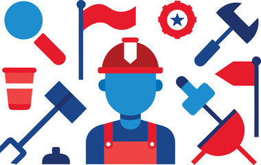 Labor day workers tools flags collection vector illustration for festive celebrations