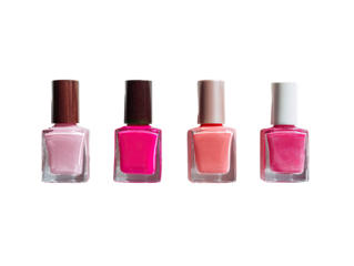 Four nail polish bottles in various shades of pink and peach