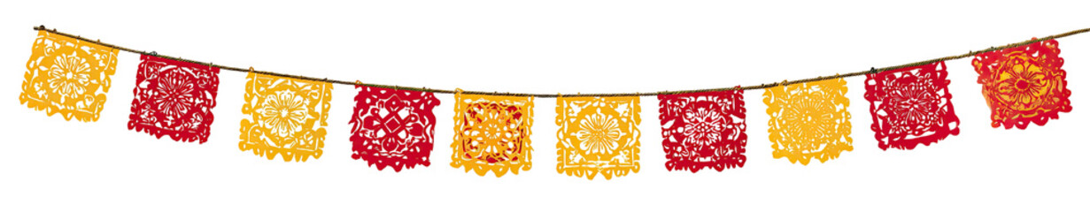A curved garland of alternating red and yellow rectangular flags