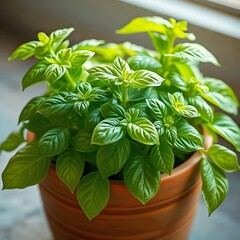 Fresh basil plant in a clay pot.