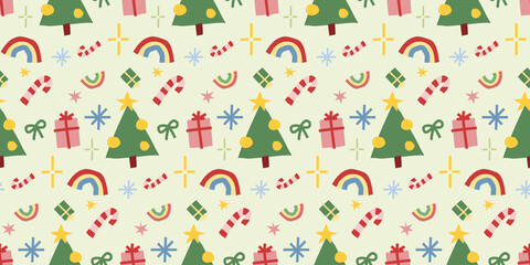 Playful Christmas seamless pattern with trees, candy canes, gifts, and rainbows