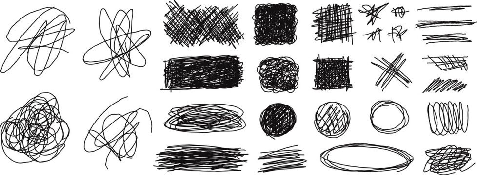 Hand drawn pen scribbles, messy pencil doodles, rough sketch swirls and underlines. Black pen grunge lines and circles, freehand chaotic squiggles, abstract scribble marker drawings vector set