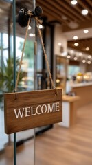 A wooden welcome sign hangs at the entrance, inviting customers into a modern retail space filled with elegant displays