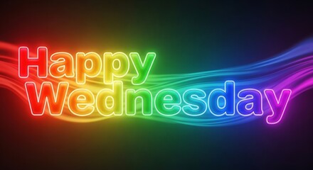 "Happy Wednesday" text in vibrant, rainbow-colored neon effect against a dark background with flowing light trails.