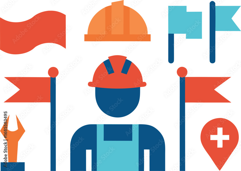 Poster labor day icons collection workers tools flags vector graphics for festive design