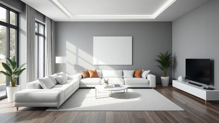 Fototapeta premium Modern living room design with gray walls and a white large sofa