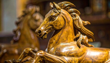 Fototapeta premium Close-up of a carved wooden horse statue, detailing mane, head, and legs