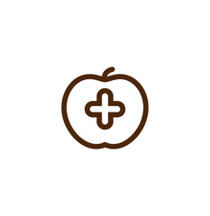 A stylized, outlined, brown apple icon with a plus sign in the center. 