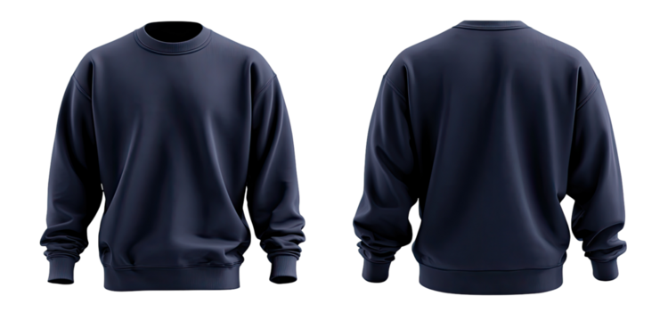 Dark navy blue crew neck sweatshirt, front and back views