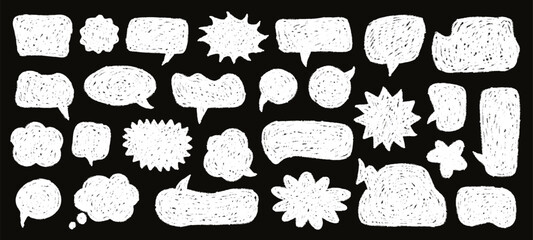 White chalk speech bubbles in various shapes, hand drawn blank chat balloons. Grunge crayon textured dialog balloon, empty comic cloud bubble, rough sketch conversation message silhouette vector set