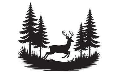 Obraz premium Wildlife Vector of Deer Silhouette with Pine Forest Trees