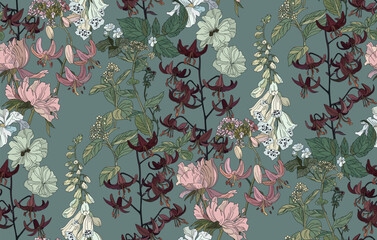 Pattern of colorful lily flowers and leaves on a light green background	
