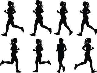 Silhouette Vector of Women Jogging and Running in Various Poses, Fitness Exercise, Sports Training and Outdoor Cardio Workout Illustration