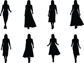 PrintSilhouettes of elegant women walking confidently in fashionable dresses, various poses, long and short gowns, stylish female models, vector illustration