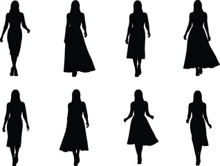 PrintSilhouettes of elegant women walking in stylish dresses, fashion models, various poses, feminine grace, vector illustration, long and short dresses
