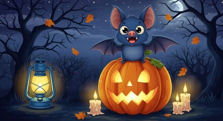 Cute cartoon bat sitting on a glowing jackolantern on a spooky halloween night