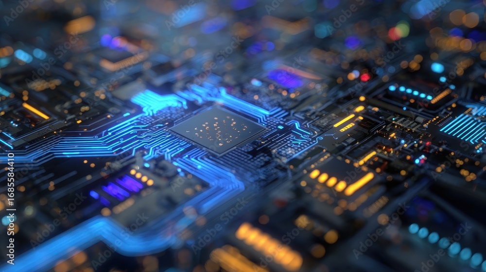 Poster dynamic electronic communication animation. vibrant 3d circuit board background with colorful chips