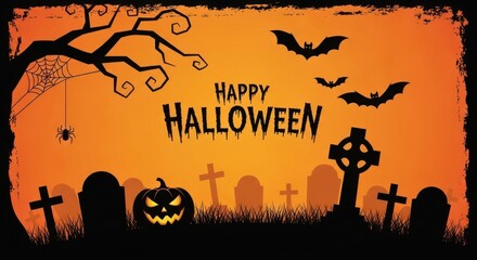 Happy halloween greeting with spooky graveyard, pumpkin, bats, and spiderweb