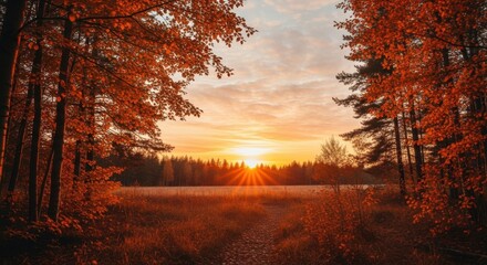 Serene autumn landscape capturing the golden sunrise and the forest colors