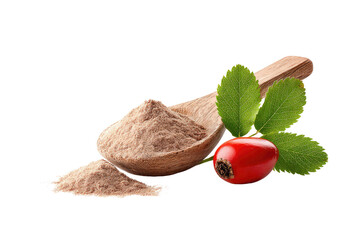 Light brown powder in wooden spoon, beside red rose hips and leaves